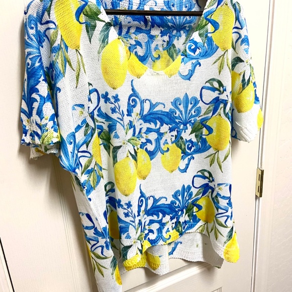 Plus Size Lemon Print Italian Knit Boho Top 2X/3X Resort Summer Blouse - Picture 3 of 16